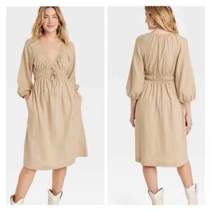 NWT Universal Thread Khaki Tan Tie Front 3/4 Puff Sleeve Midi Dress linen dress